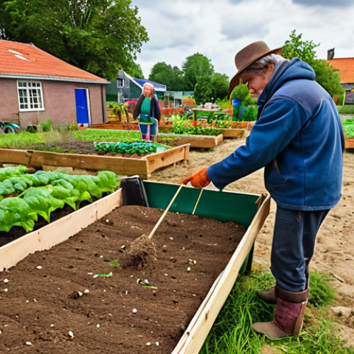 Home 11 **A vibrant, community garden in the Netherlands. Neighbors are exchanging seeds and seedlings. In the background, you see a local farmer delivering a load of straw for mulching.** (Focus: Community, Local Farmers, Seed Exchange, Sustainable Practices)